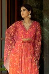 Buy_SHASHANK ARYA_Orange Flat Chiffon Printed Floral V-neck Vine Ombre Kaftan _Online_at_Aza_Fashions