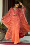 Shop_SHASHANK ARYA_Orange Flat Chiffon Printed Floral V-neck Vine Ombre Kaftan_Online_at_Aza_Fashions