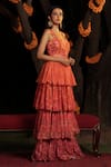 SHASHANK ARYA_Orange Flat Chiffon Printed Floral Square Ombre Tiered Gown _Online_at_Aza_Fashions