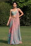 Buy_SHASHANK ARYA_Peach Flat Chiffon Print Floral Sweetheart Neck Pre-draped Saree With Blouse _at_Aza_Fashions