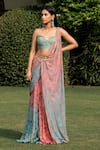 SHASHANK ARYA_Peach Flat Chiffon Print Floral Sweetheart Neck Pre-draped Saree With Blouse _Online_at_Aza_Fashions