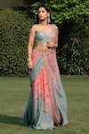 Shop_SHASHANK ARYA_Peach Flat Chiffon Print Floral Sweetheart Neck Pre-draped Saree With Blouse _Online_at_Aza_Fashions