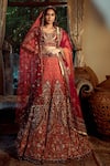 Buy_SHASHANK ARYA_Orange Velvet Embroidery Jamewar Paan Neck Artwork Bridal Lehenga Set _at_Aza_Fashions