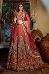 SHASHANK ARYA_Orange Velvet Embroidery Jamewar Paan Neck Artwork Bridal Lehenga Set _Online_at_Aza_Fashions