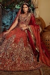 Shop_SHASHANK ARYA_Orange Velvet Embroidery Jamewar Paan Neck Artwork Bridal Lehenga Set _Online_at_Aza_Fashions