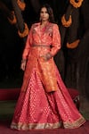 Buy_SHASHANK ARYA_Orange Satin Print Floral Lapel Collar Ombre Overcoat And Skirt Set_at_Aza_Fashions