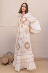 Label Reyya_Off White Cotton Embroidered Thread V-neck Galaxy Tiered Gown _Online_at_Aza_Fashions