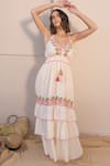 Buy_Label Reyya_White Cotton Embroidered Thread V-neck Floral Tiered Gown _at_Aza_Fashions