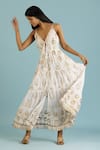 Label Reyya_Off White Cotton Block Print Floral V-neck Tiered Gown _Online_at_Aza_Fashions