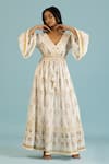 Buy_Label Reyya_Off White Cotton Block Print Floral V-neck Gown _at_Aza_Fashions