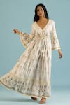 Buy_Label Reyya_Off White Cotton Block Print Floral V-neck Gown 