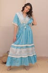 Buy_Label Reyya_Blue Cotton Lurex Embellished Sequins V-neck Stripe Pattern Tiered Kaftan _at_Aza_Fashions