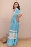 Label Reyya_Blue Cotton Lurex Embellished Sequins V-neck Stripe Pattern Tiered Kaftan _Online_at_Aza_Fashions