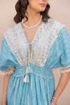 Shop_Label Reyya_Blue Cotton Lurex Embellished Sequins V-neck Stripe Pattern Tiered Kaftan _Online_at_Aza_Fashions