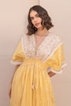 Shop_Label Reyya_Yellow Cotton Lurex Embellished Sequins V-neck Yoke Kaftan _Online_at_Aza_Fashions