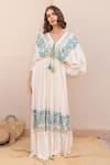 Buy_Label Reyya_White Cotton Rayon Embellished Sequins V-neck Threadwork Yoke Striped Kaftan _at_Aza_Fashions