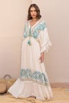 Label Reyya_White Cotton Rayon Embellished Sequins V-neck Threadwork Yoke Striped Kaftan _Online_at_Aza_Fashions