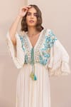 Buy_Label Reyya_White Cotton Rayon Embellished Sequins V-neck Threadwork Yoke Striped Kaftan _Online_at_Aza_Fashions