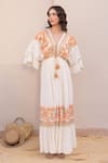 Buy_Label Reyya_White Cotton Rayon Embellished Sequins V-neck Striped Threadwork Kaftan _at_Aza_Fashions