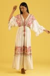 Buy_Label Reyya_White Cotton Rayon Embellished Sequins V-neck Threadwork Striped Kaftan _at_Aza_Fashions