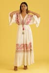 Label Reyya_White Cotton Rayon Embellished Sequins V-neck Threadwork Striped Kaftan _Online_at_Aza_Fashions