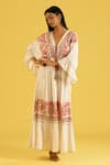 Buy_Label Reyya_White Cotton Rayon Embellished Sequins V-neck Threadwork Striped Kaftan _Online_at_Aza_Fashions