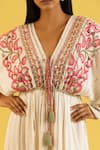 Label Reyya_White Cotton Rayon Embellished Sequins V-neck Threadwork Striped Kaftan _at_Aza_Fashions