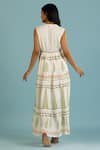 Shop_Label Reyya_White Cotton Rayon Embellished Sequins V-neck Leaf Block Print Tiered Gown _at_Aza_Fashions