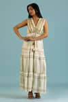 Shop_Label Reyya_White Cotton Rayon Embellished Sequins V-neck Leaf Block Print Tiered Gown _Online_at_Aza_Fashions