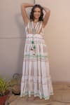 Buy_Label Reyya_White Cotton Rayon Embellished Sequins V-neck Leaf Block Print Gown _at_Aza_Fashions