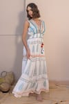 Label Reyya_White Cotton Rayon Embellished Sequins V-neck Block Print Gown _Online_at_Aza_Fashions