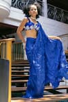 Pooja Bagaria_Blue Bustier Pure Raw Electric Love Textured Pre-draped Saree With _Online_at_Aza_Fashions