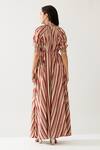 Shop_KoAi_Red Cotton Silk Printed Stripe Frilled Collar Maxi Dress _at_Aza_Fashions