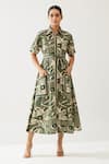 Buy_KoAi_Green Poplin Cotton Printed Floral Collared Midi Shirt Dress _at_Aza_Fashions