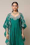 Nupur Kanoi_Green Cape Organza Hand Embroidered Mirror V Neck With Jumpsuit _Online_at_Aza_Fashions