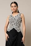 Shop_Nupur Kanoi_Black Waistcoat Crepe Embroidery Mirror Scallop And Gathered Skirt Set  _Online_at_Aza_Fashions