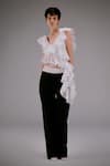 Buy_deWAR_White Viscose Rayon 67% Ruffled V Neck Flimsy Top _at_Aza_Fashions