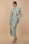 Anamika Khanna_Green Embellished 3d Florals Blouse Round Jacket And Draped Skirt Set _Online_at_Aza_Fashions