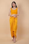 Anamika Khanna_Yellow Embroidered Floral Kaftan V Neck Top And Draped Skirt Set _Online_at_Aza_Fashions