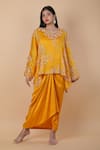 Anamika Khanna_Yellow Embroidered Floral Kaftan V Neck Top And Draped Skirt Set _at_Aza_Fashions