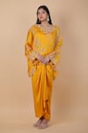 Buy_Anamika Khanna_Yellow Embroidered Floral Kaftan V Neck Top And Draped Skirt Set 