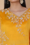 Shop_Anamika Khanna_Yellow Embroidered Floral Kaftan V Neck Top And Draped Skirt Set 