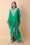 Buy_Anamika Khanna_Green Embroidered Floral Mandarin Tunic And Draped Skirt Set _at_Aza_Fashions