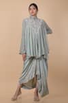 Buy_Anamika Khanna_Grey Embroidered Floral Mandarin Tunic And Draped Skirt Set _at_Aza_Fashions