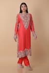 Anamika Khanna_Red Embroidered Floral Round Straight Kurta Set _at_Aza_Fashions