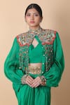 Buy_Anamika Khanna_Green Embroidered Beads Cape Mandarin Tasseled Embellished And Draped Skirt Set _Online_at_Aza_Fashions