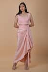 Anamika Khanna_Pink Embroidered Scalloped Cape Crew Neck Tasseled And Draped Skirt Set _Online_at_Aza_Fashions