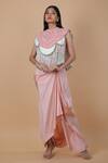 Buy_Anamika Khanna_Pink Embroidered Scalloped Cape Crew Neck Tasseled And Draped Skirt Set 