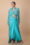 Buy_Anamika Khanna_Blue Embroidered Fleur Blouse U Neck Long Coat And Draped Skirt Set _at_Aza_Fashions