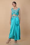 Anamika Khanna_Blue Embroidered Fleur Blouse U Neck Long Coat And Draped Skirt Set _at_Aza_Fashions